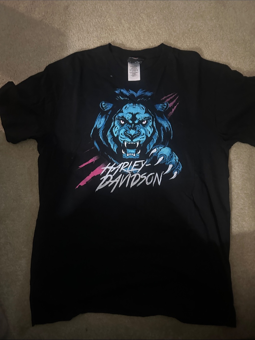 Harley-Davidson Black Tee with Blue Lion Graphic and Pink Accents